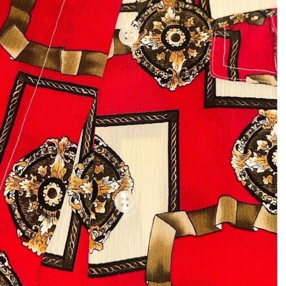Christie & Jill Petite Vintage Red Baroque Chain Medallion Button Down Blouse M